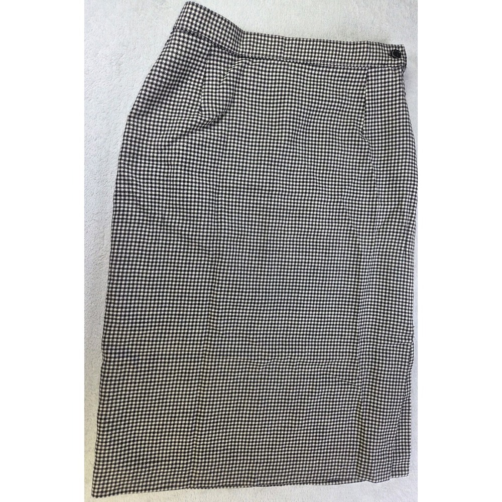 Vintage Merino Wool Houndstooth Pencil Skirt Womens 10 Black White Midi Lined